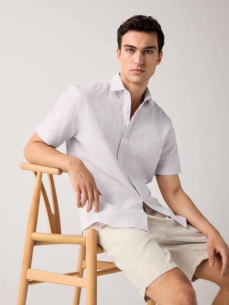 Neutral Brown Regular Fit Short Sleeve Seersucker Shirt - Image 1 of 8