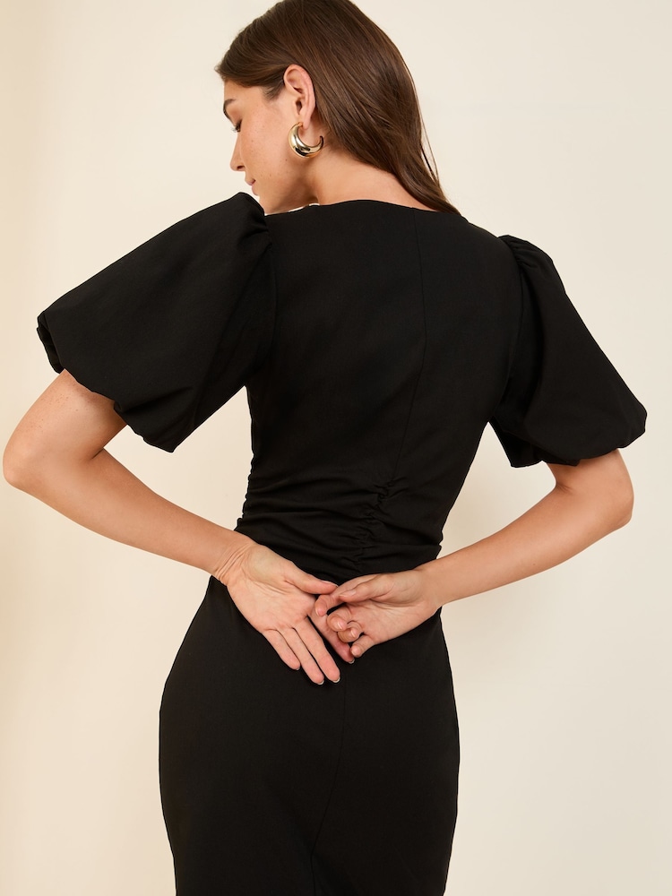 Friends Like These Black Sculpt Stretch Bubble Sleeve Tailored Dress - Image 4 of 4 Friends Like These Black Sculpt Stretch Bubble Sleeve Tailored Dress - Image 4 of 4