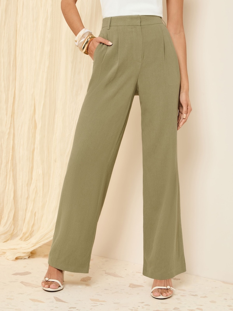 Friends Like These Khaki Green Wide Leg Tailored Trousers With Linen - Image 1 of 4