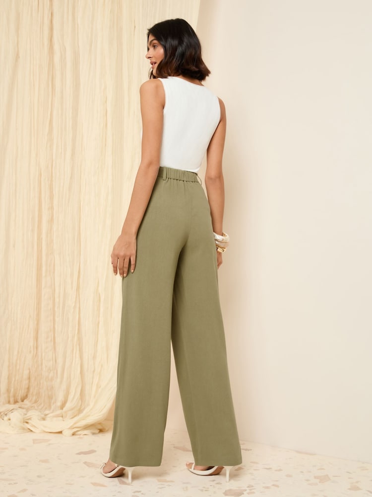 Friends Like These Khaki Green Wide Leg Tailored Trousers With Linen - Image 4 of 4