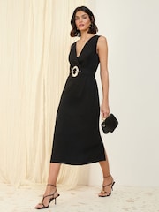 Friends Like These Black Linen Blend Midi Wrap Front Dress - Image 1 of 4