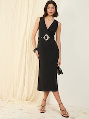 Friends Like These Black Linen Blend Midi Wrap Front Dress - Image 3 of 4