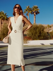 Friends Like These Ivory Linen Blend Midi Wrap Front Dress - Image 1 of 5