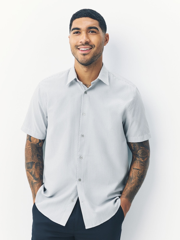 Seafoam Green Regular Fit Regular Fit Cotton Rich Trimmed Textured Short Sleeve Smart Shirt - Image 1 of 7 Seafoam Green Regular Fit Regular Fit Cotton Rich Trimmed Textured Short Sleeve Smart Shirt - Image 1 of 7