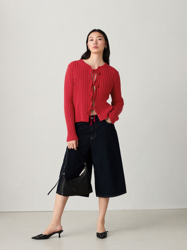 Red Bow Tie Front Knitted Cardigan - Image 1 of 8