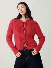 Red Bow Tie Front Knitted Cardigan - Image 2 of 8