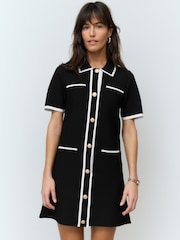 Black Knitted Collared Button Up Mini Dress - Image 1 of 5