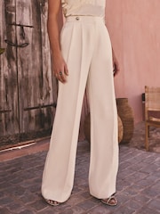 Friends Like These Ivory Millie Mackintosh Premium Wide Leg Trousers With Gold Button Tab Details - Image 1 of 5