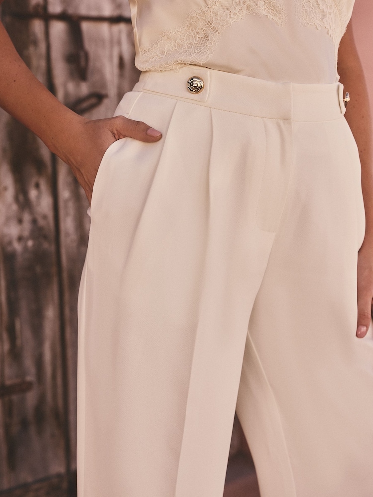 Friends Like These Ivory Millie Mackintosh Premium Wide Leg Trousers With Gold Button Tab Details - Image 2 of 5