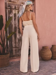 Friends Like These Ivory Millie Mackintosh Premium Wide Leg Trousers With Gold Button Tab Details - Image 4 of 5