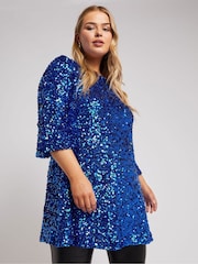 Yours Curve Blue London Sequin Flute Sleeve Top - Image 1 of 5