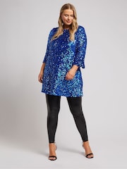 Yours Curve Blue London Sequin Flute Sleeve Top - Image 2 of 5