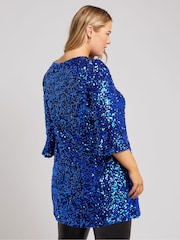 Yours Curve Blue London Sequin Flute Sleeve Top - Image 3 of 5