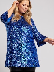 Yours Curve Blue London Sequin Flute Sleeve Top - Image 4 of 5