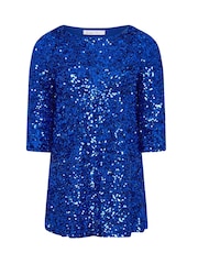 Yours Curve Blue London Sequin Flute Sleeve Top - Image 5 of 5