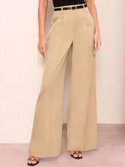 Friends Like These Beige Wide Leg Tailored Pleat Front Trousers With Belt - Image 1 of 4