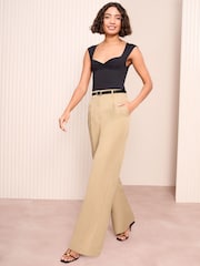 Friends Like These Beige Wide Leg Tailored Pleat Front Trousers With Belt - Image 2 of 4
