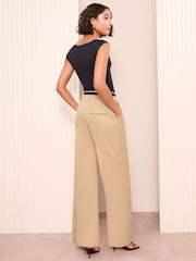 Friends Like These Beige Wide Leg Tailored Pleat Front Trousers With Belt - Image 3 of 4