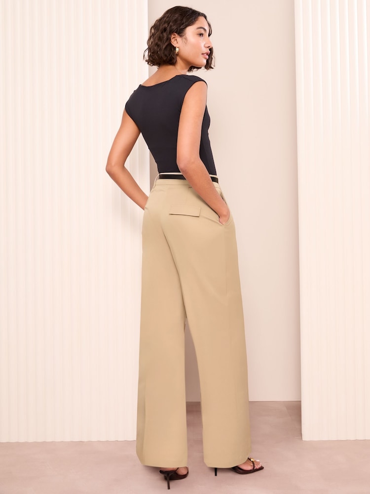 Friends Like These Beige Wide Leg Tailored Pleat Front Trousers With Belt - Image 3 of 4