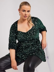 Yours Curve Green London Sequin Velvet Peplum Top - Image 1 of 5