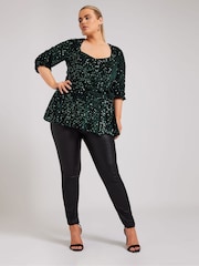 Yours Curve Green London Sequin Velvet Peplum Top - Image 2 of 5