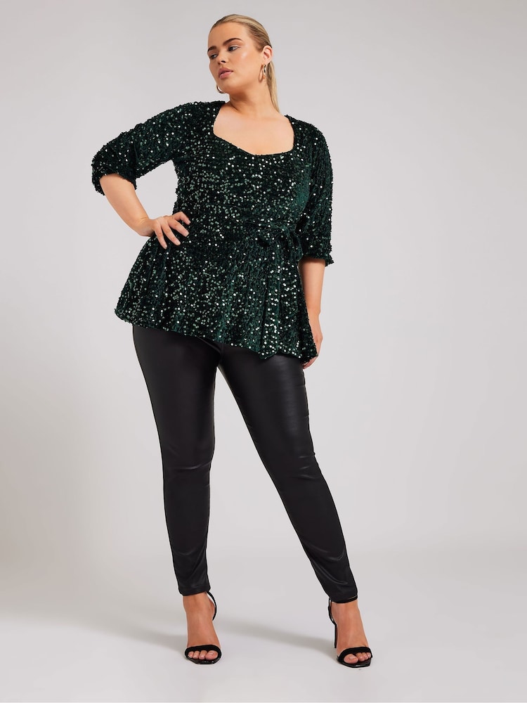 Yours Curve Green London Sequin Velvet Peplum Top - Image 2 of 5