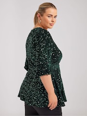 Yours Curve Green London Sequin Velvet Peplum Top - Image 3 of 5