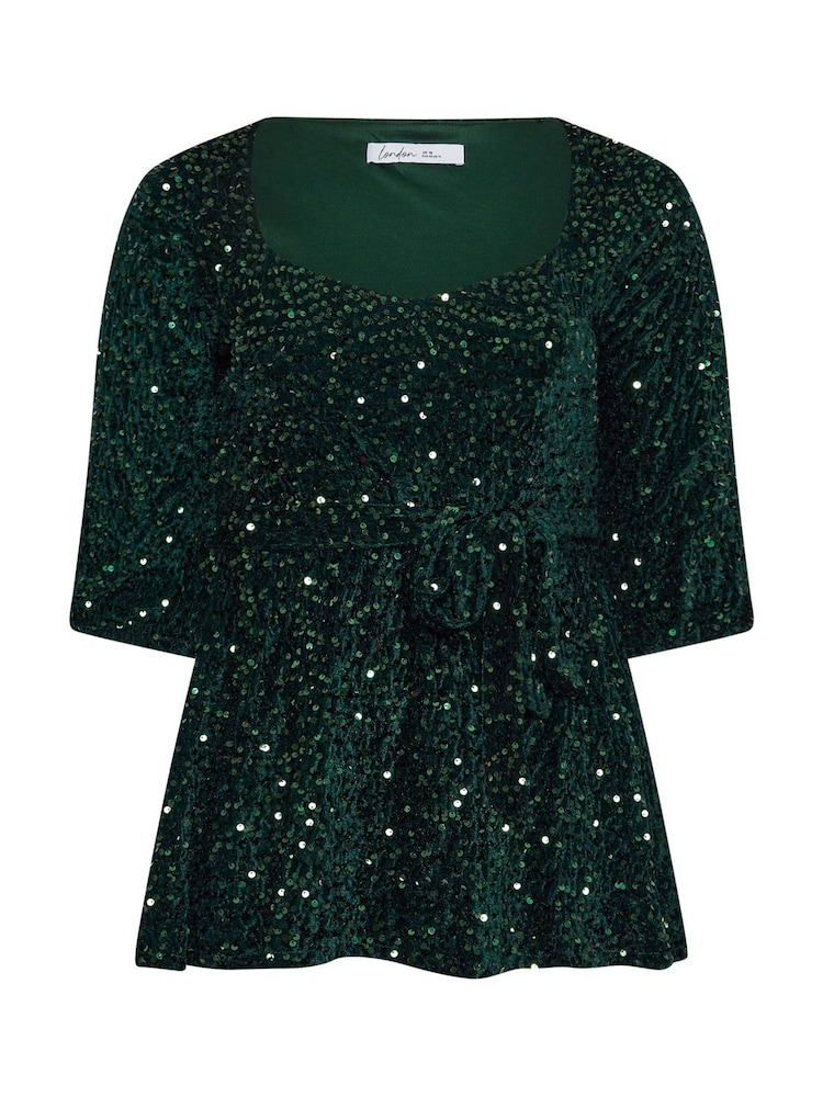 Yours Curve Green London Sequin Velvet Peplum Top - Image 5 of 5