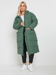 Yours Curve Green Borg Hooded Midi Padded Coat - Image 1 of 5