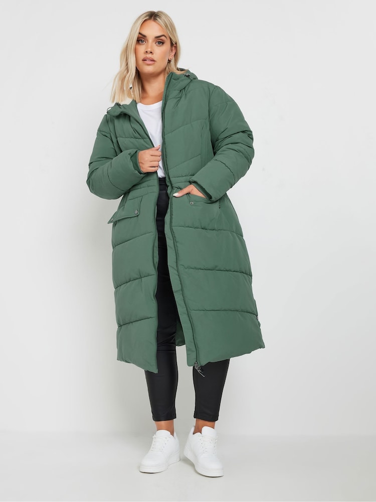 Yours Curve Green Borg Hooded Midi Padded Coat - Image 1 of 5