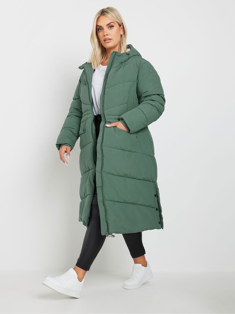 Yours Curve Green Borg Hooded Midi Padded Coat - Image 2 of 5