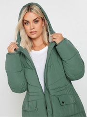 Yours Curve Green Borg Hooded Midi Padded Coat - Image 4 of 5