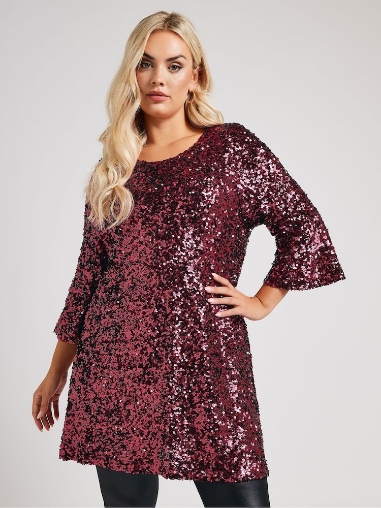 Yours Curve Red London Sequin Flute Sleeve Top - Image 1 of 5