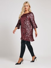 Yours Curve Red London Sequin Flute Sleeve Top - Image 2 of 5