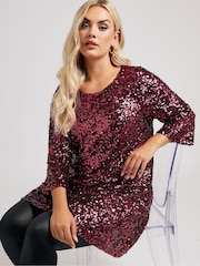 Yours Curve Red London Sequin Flute Sleeve Top - Image 4 of 5