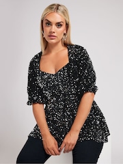 Yours Curve Silver London Sequin Velvet Peplum Top - Image 1 of 5