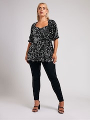 Yours Curve Silver London Sequin Velvet Peplum Top - Image 2 of 5