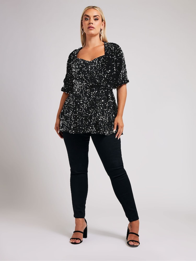 Yours Curve Silver London Sequin Velvet Peplum Top - Image 2 of 5