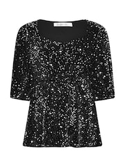 Yours Curve Silver London Sequin Velvet Peplum Top - Image 5 of 5