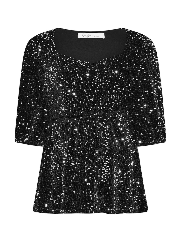 Yours Curve Silver London Sequin Velvet Peplum Top - Image 5 of 5