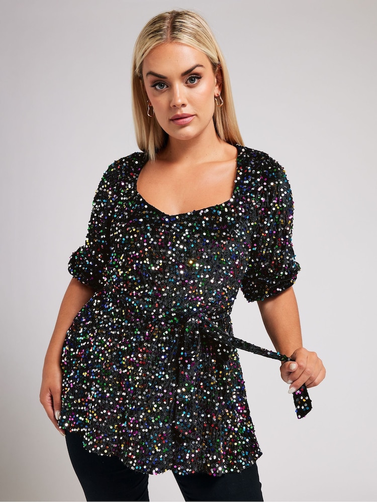 Yours Curve Green London Sequin Velvet Peplum Top - Image 1 of 5