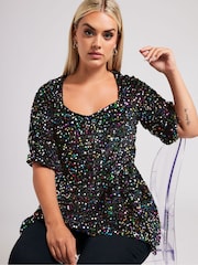 Yours Curve Green London Sequin Velvet Peplum Top - Image 4 of 5