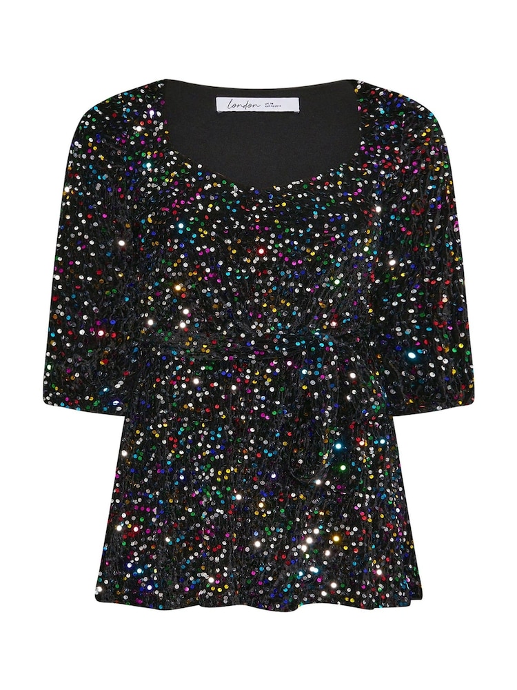 Yours Curve Green London Sequin Velvet Peplum Top - Image 5 of 5