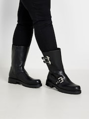 Yours Curve Black Extra Wide Fit 3 Strap Calf Biker Boots - Image 1 of 5