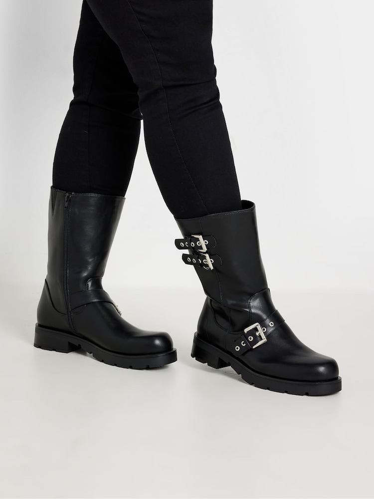 Yours Curve Black Extra Wide Fit 3 Strap Calf Biker Boots - Image 1 of 5