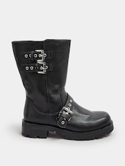 Yours Curve Black Extra Wide Fit 3 Strap Calf Biker Boots - Image 2 of 5