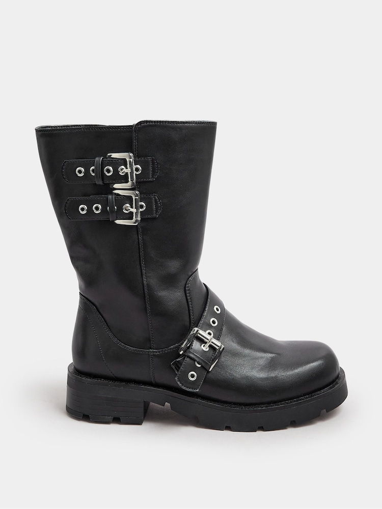 Yours Curve Black Extra Wide Fit 3 Strap Calf Biker Boots - Image 2 of 5