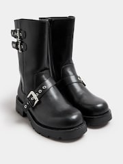 Yours Curve Black Extra Wide Fit 3 Strap Calf Biker Boots - Image 3 of 5