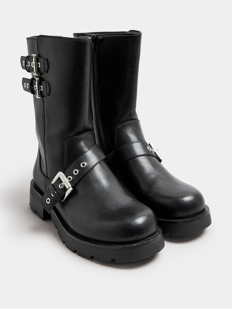 Yours Curve Black Extra Wide Fit 3 Strap Calf Biker Boots - Image 3 of 5