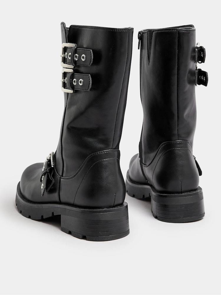Yours Curve Black Extra Wide Fit 3 Strap Calf Biker Boots - Image 4 of 5